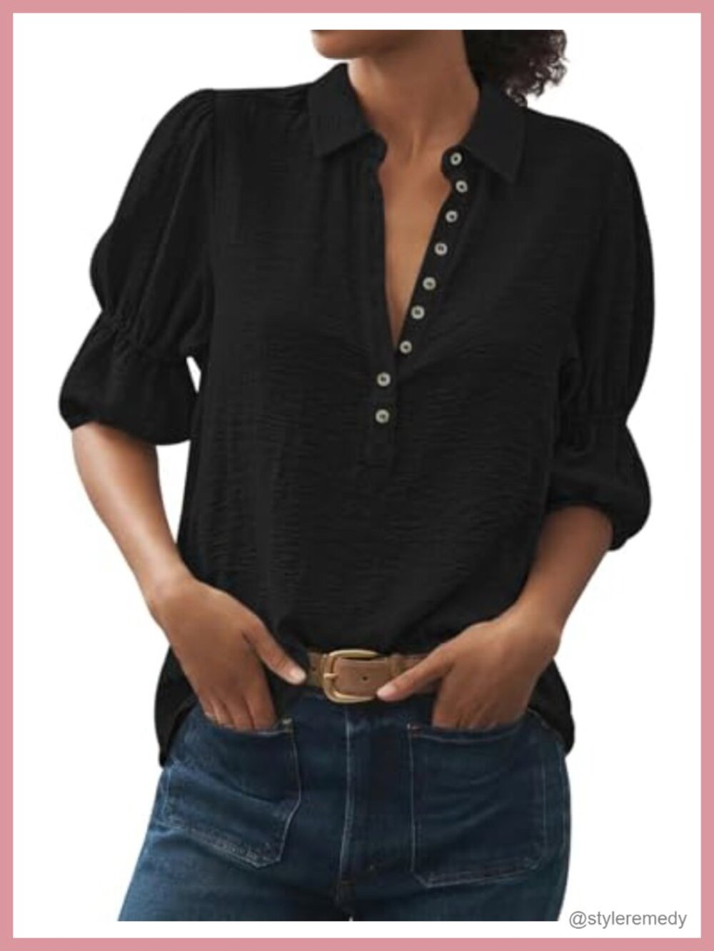 Women's Button Down Shirt Puff Short Sleeve V Neck Work Blouse